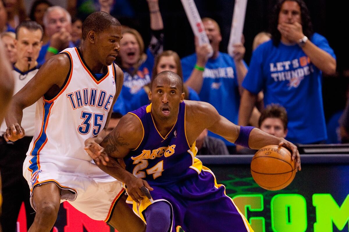 Kobe Bryant looks to get past Oklahoma City's Kevin Durant during Game 6 of the teams' 2010 playoff series.