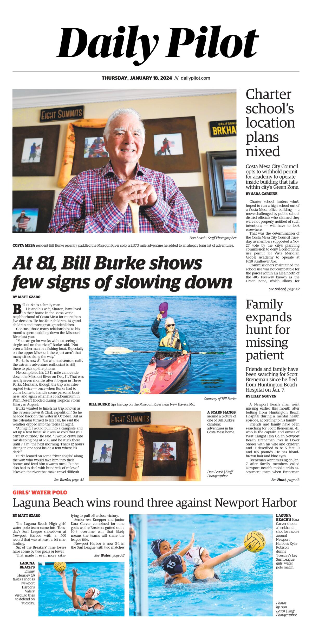 Front page of the Daily Pilot e-newspaper for Thursday, Jan. 18, 2024.