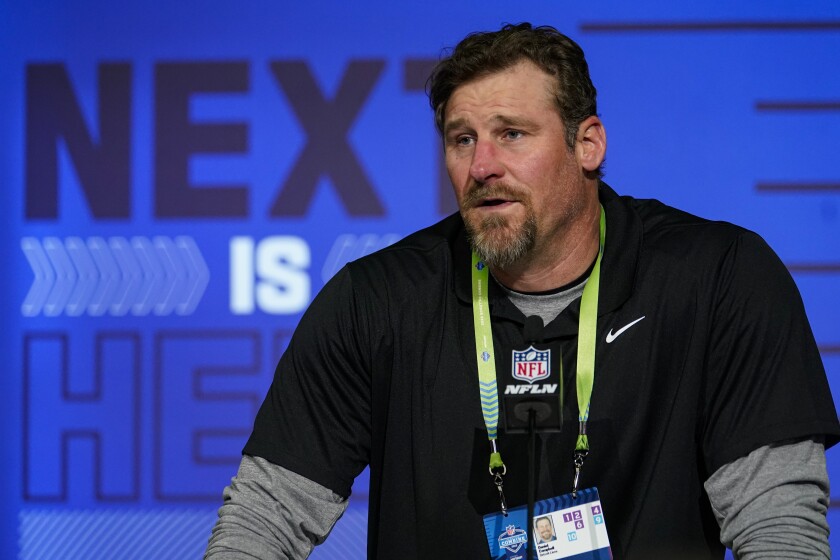 Detroit Lions head coach Dan Campbell speaks during a press conference at the NFL football scouting combine in Indianapolis, Tuesday, March 1, 2022. (AP Photo/Michael Conroy)