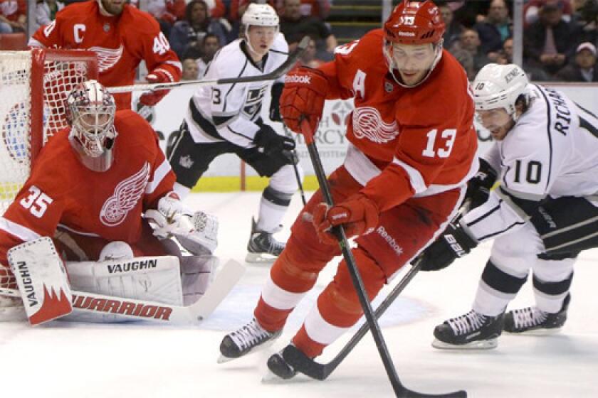 Pavel Datsyuk controls the puck in the Red Wings end during the Kings' 3-1 loss to Detroit on Wednesday.