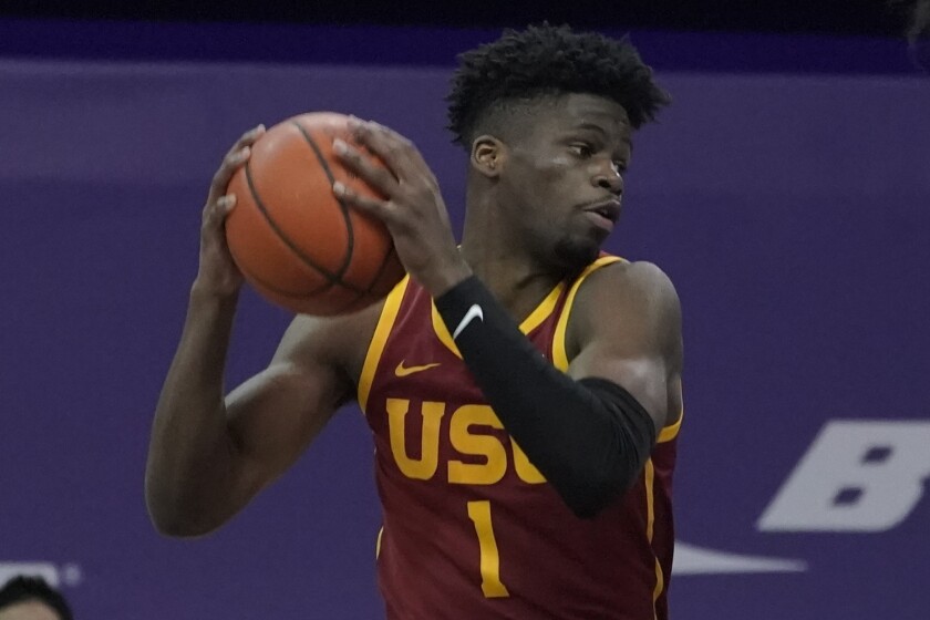 A closeup of Chevez Goodwin on the court.
