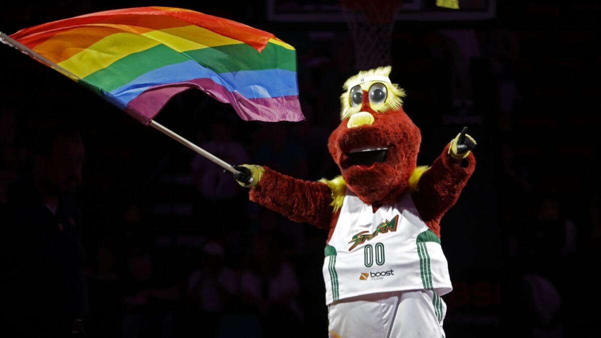 Seattle Storm's mascot Doppler holds a rainbow flag celebrating gay pride before a WBNA game against the Minnesota Lynx on June 5, 2015.