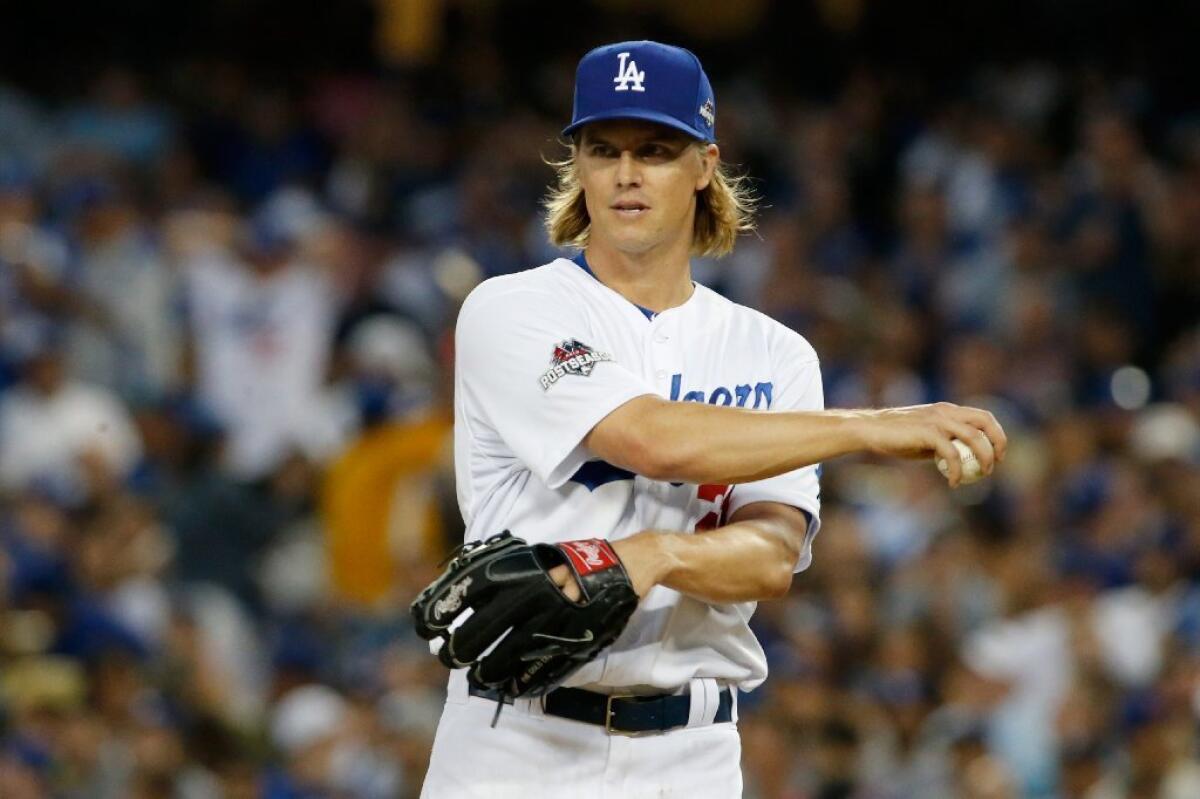 Dodgers pitcher Zack Greinke takes the mound during Game 5 of the National League division series against the New York Mets on Oct. 15.