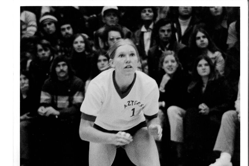 Laurel Brassey Iverson playing volleyball for SDSU.