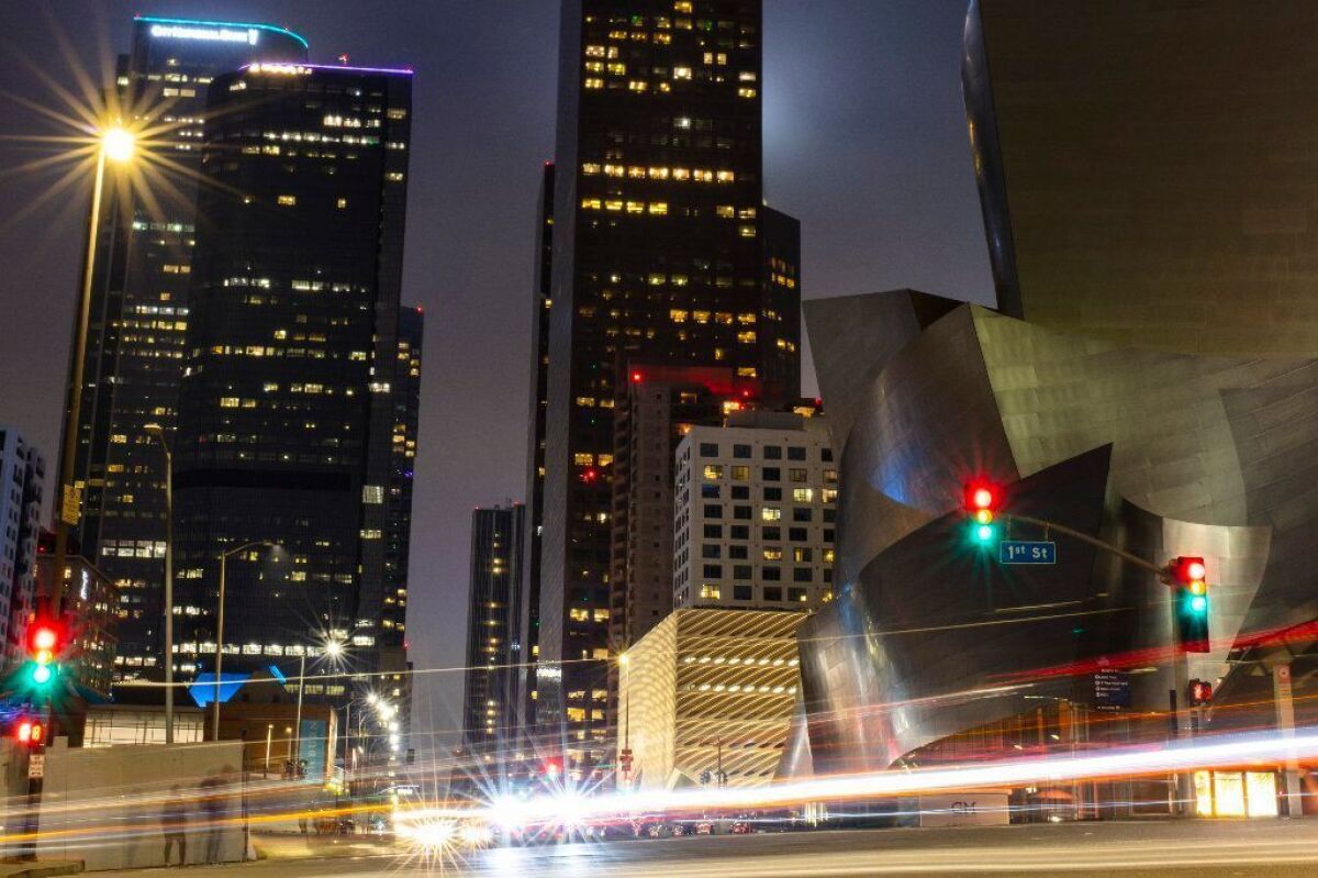 Walt Disney Concert Hall and Grand Avenue, photographed in downtown Los Angeles.