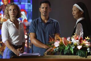 Perdita Weeks, left, Jay Hernandez and Jeanne Sakata in "Magnum P.I." on CBS.