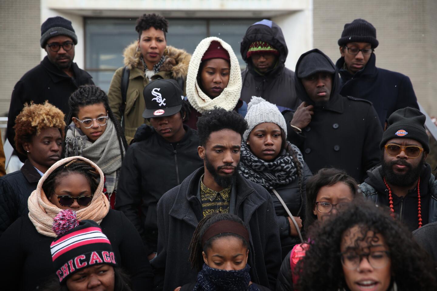 A group of African-American activists holds a news conference at the 2nd District Chicago Police Department headquarters on Nov. 23, 2015, about the impending release of a video showing the shooting death by a police officer of African-American teen Laquan McDonald.