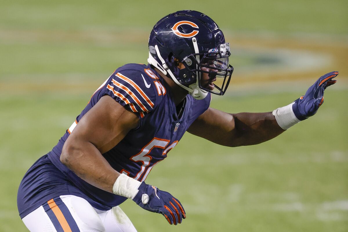 Chicago Bears outside linebacker Khalil Mack takes a defensive stance.