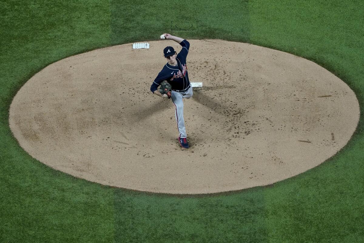 Atlanta Braves starting pitcher Max Fried throws against the Dodgers in Game 1 of the NLCS.
