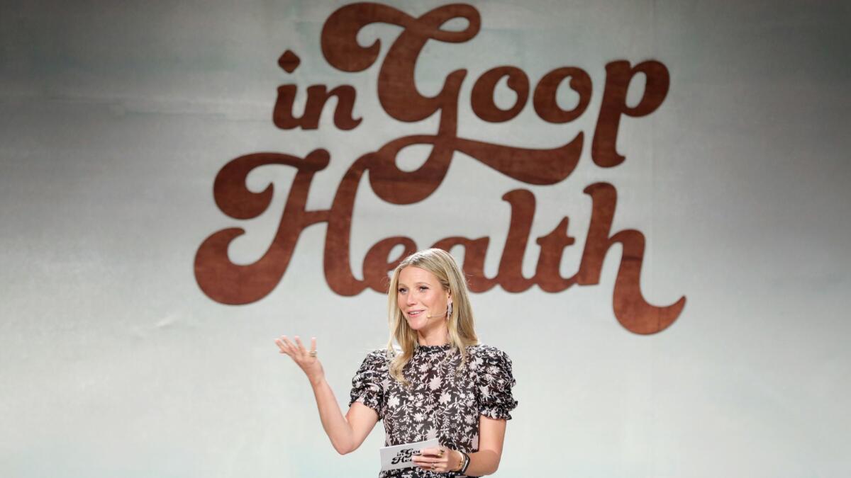 Gwyneth Paltrow speaks onstage at the In Goop Health summit at 3Labs in Culver City.