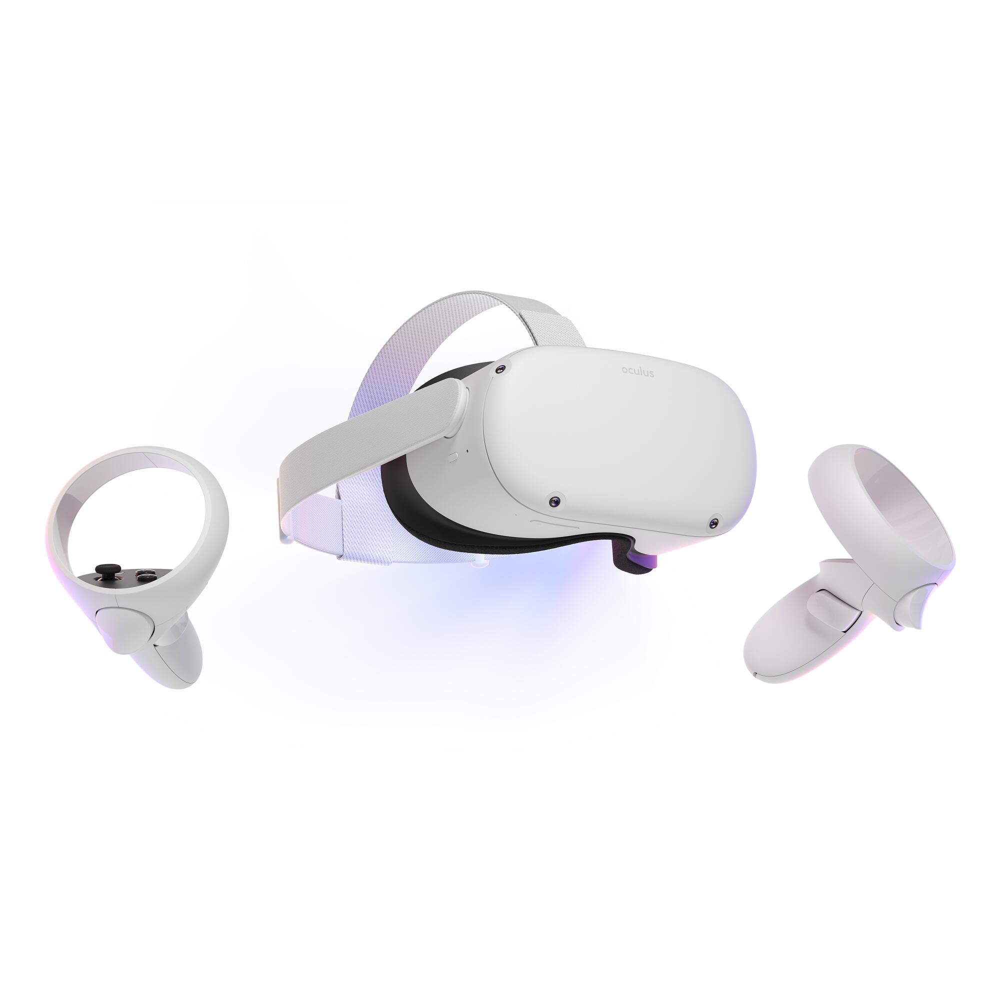 An Oculus Quest 2 headset and two controllers.