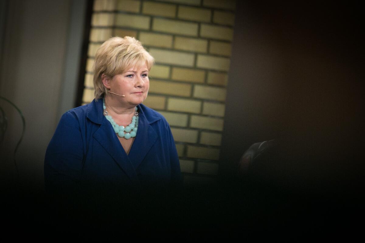 Norwegian leader of the center-right Conservatives, Erna Solberg, attends a television debate Monday in Oslo.
