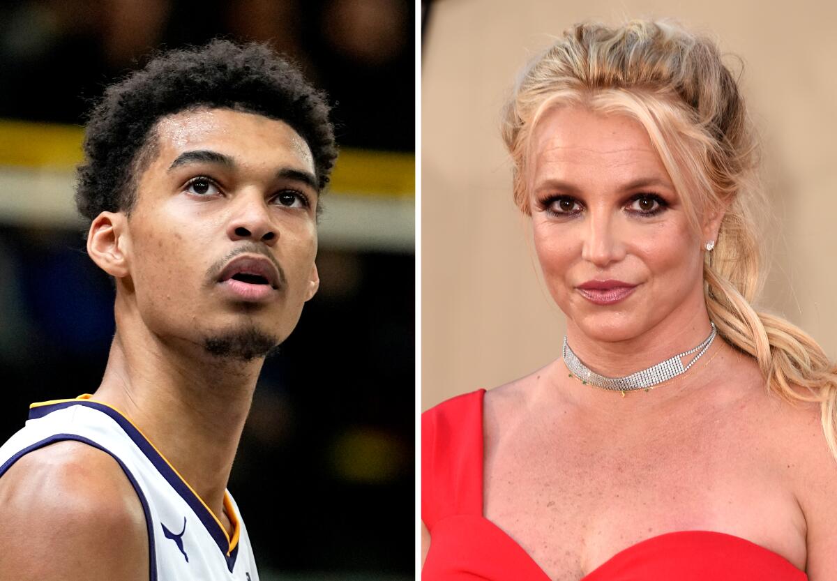A split image of Victor Wembanyama wearing a basketball jersey; and Britney Spears posing in a red dress