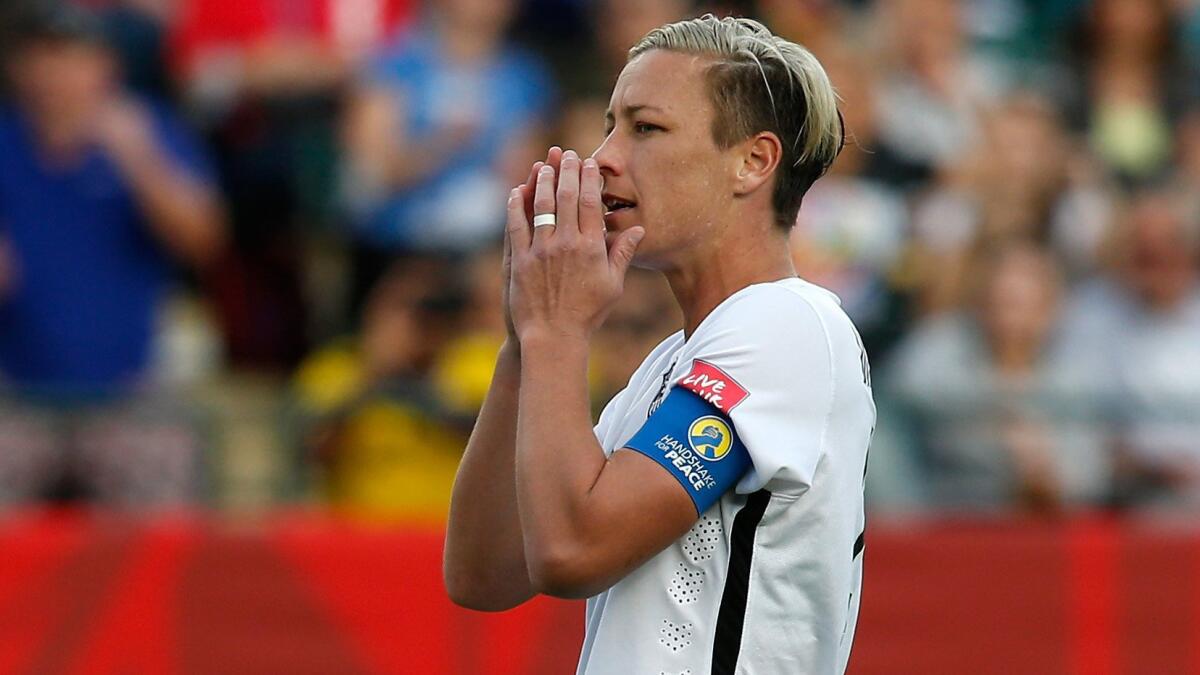 U.S. forward Abby Wambach reacts during a 2-0 victory over Colombia at the Women's World Cup in Edmonton, Canada, on Monday.
