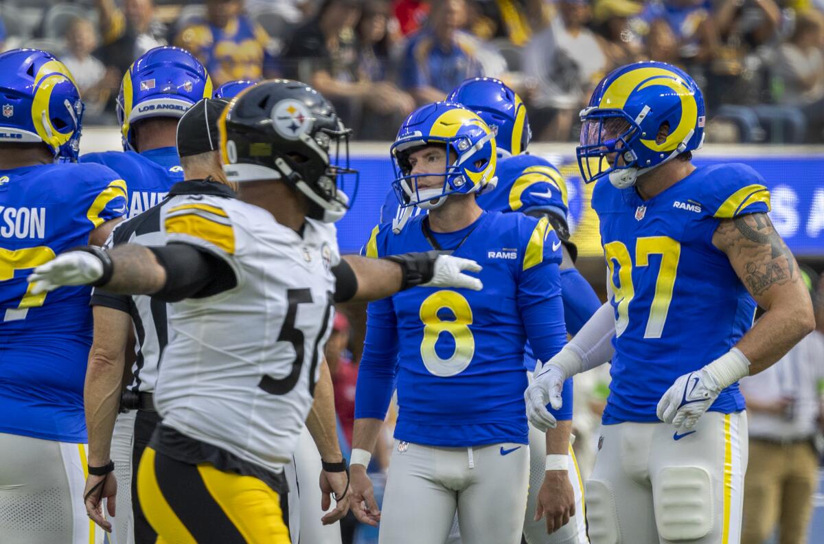 Rams kicker Brett Maher reacts after missing a field-goal attempt against the Pittsburgh Steelers.