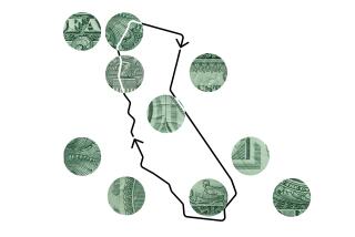 An outline of California surrounded by abstract circular cutouts of a dollar bill.