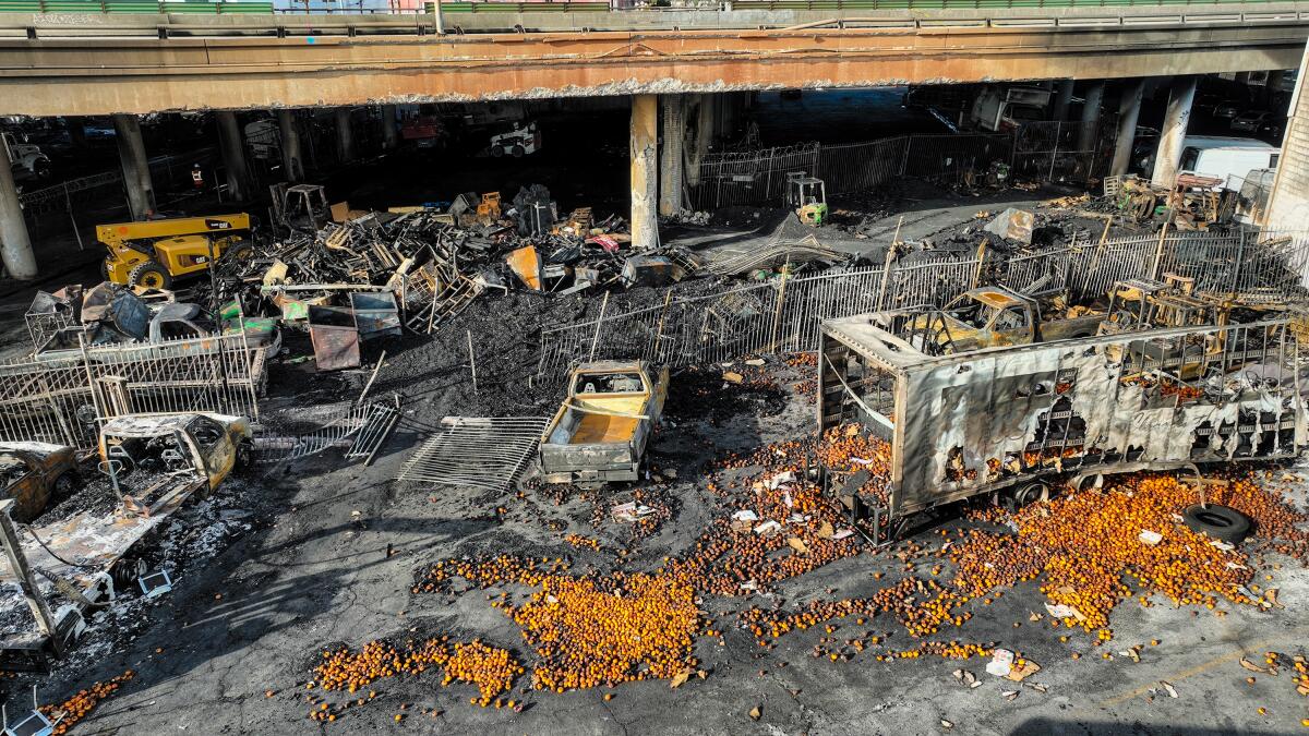Produce lays strewn across the pavement days after a large pallet fire burned below a freeway