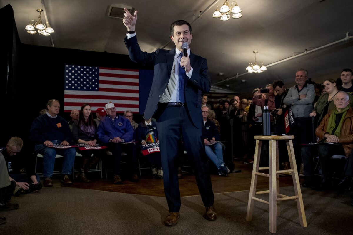 Democratic presidential hopeful Pete Buttigieg speaks at an American Legion hall in Merrimack, N.H., Thursday as he campaigns in advance of next week's New Hampshire primary.