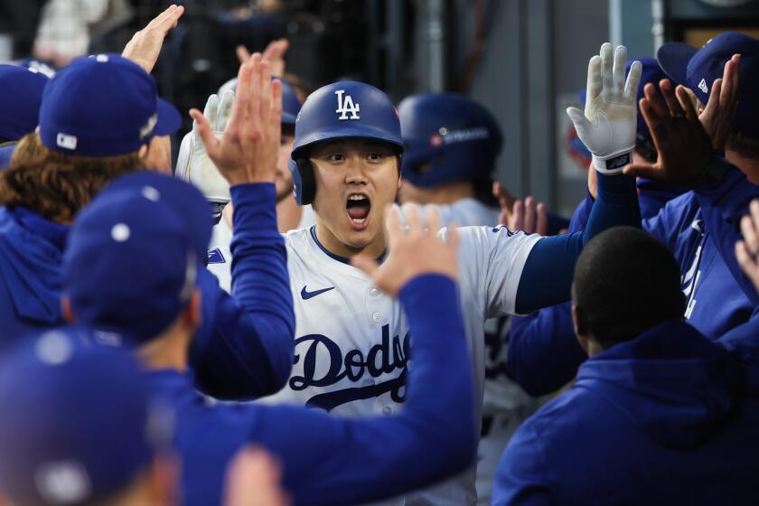 LOS ANGELES, CALIFORNIA - OCTOBER 05: Shohei Ohtani #17 of the Los Angeles Dodgers celebrates.