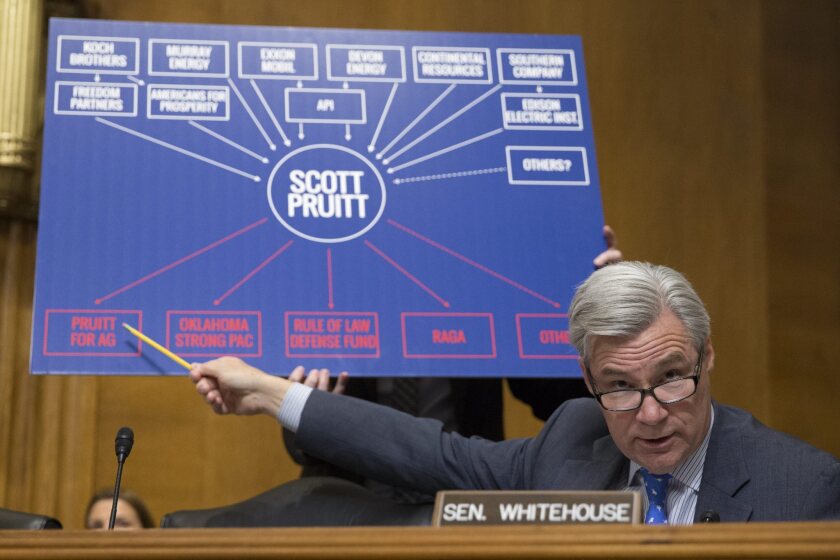 Sen. Sheldon Whitehouse (D-R.I.) displays the links between EPA nominee Scott Pruitt and the fossil fuel companies he'd be regulating.