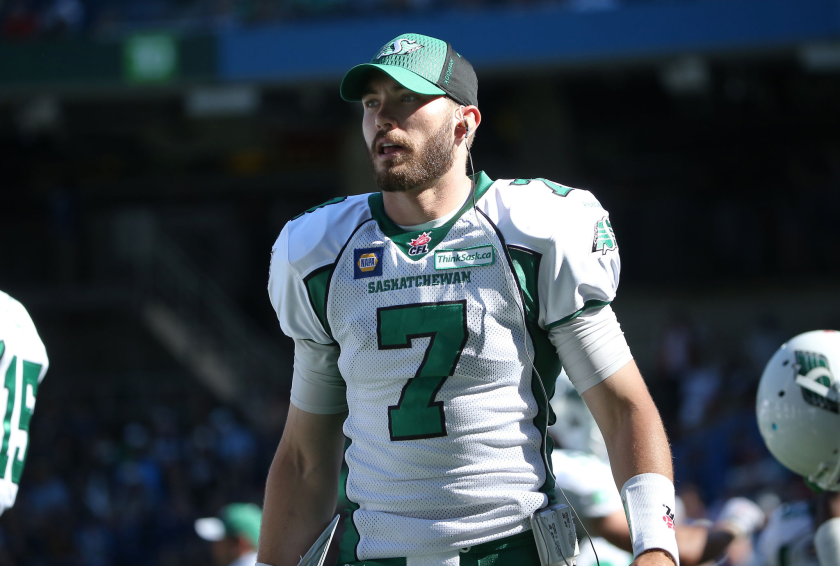 Seth Doege stands on the sideline during his time with the Saskatchewan Roughriders of the CFL in July 2014.