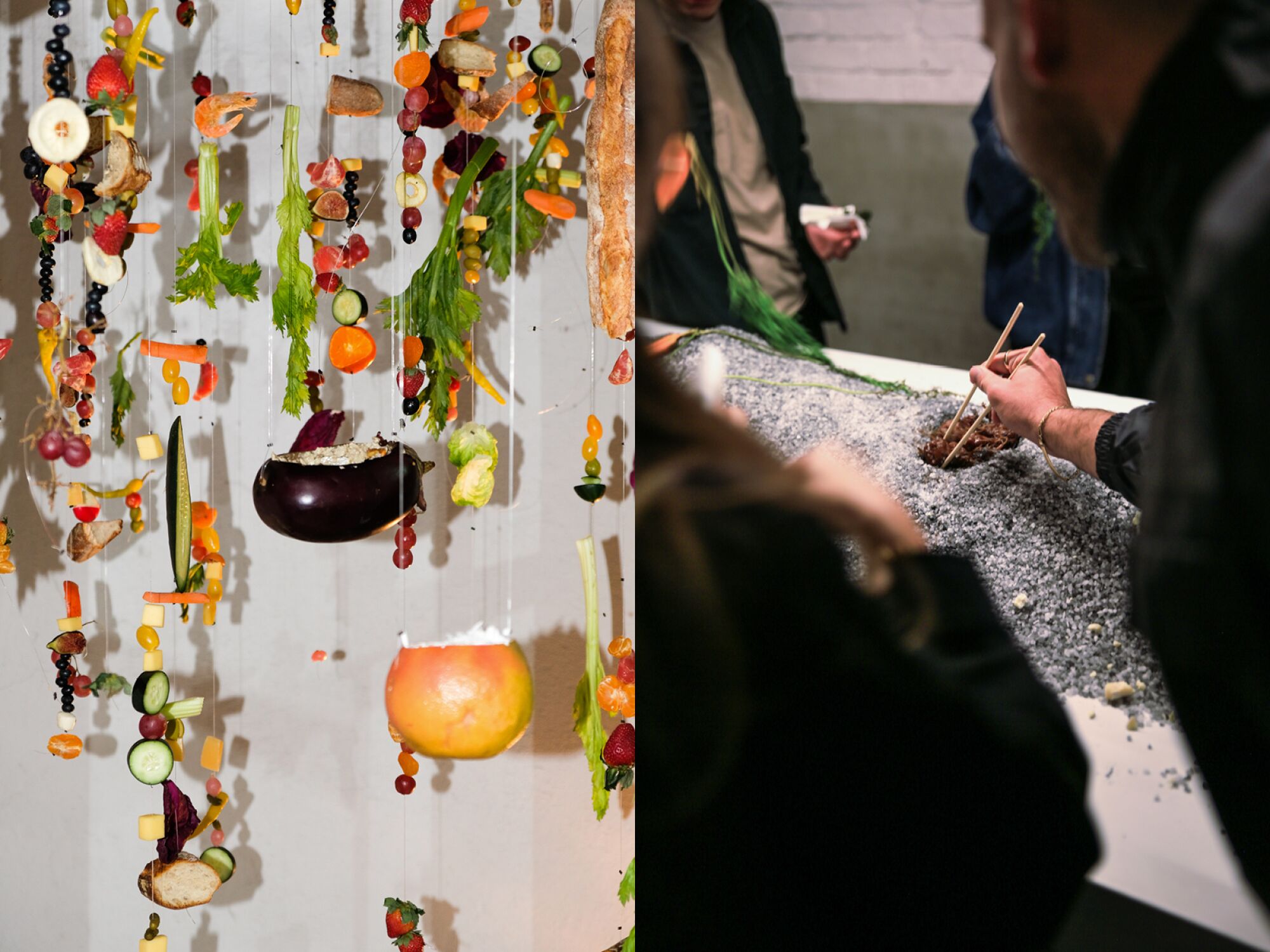 Side-by-side images of a hanging food installation and a person reaching chopsticks into a volcano-like display