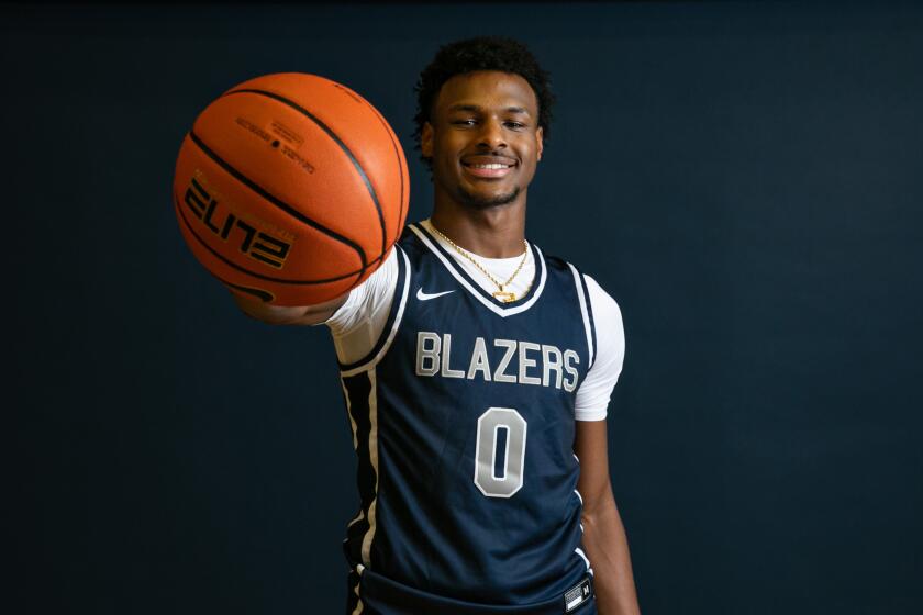 CHATSWORTH, CA - OCTOBER 12: Bronny James participants in Sierra Canyon High basketball media day on Wednesday, Oct. 12, 2022 in Chatsworth, CA. (Jason Armond / Los Angeles Times)