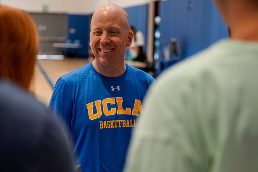 WESTWOOD, CALIF. - OCTOBER 10: UCLA Bruins head coach Mick Cronin speaks with reporters before practice at the Mo Ostrin Basketball Center on Thursday, Oct. 10, 2019 in Westwood, Calif. (Kent Nishimura / Los Angeles Times)