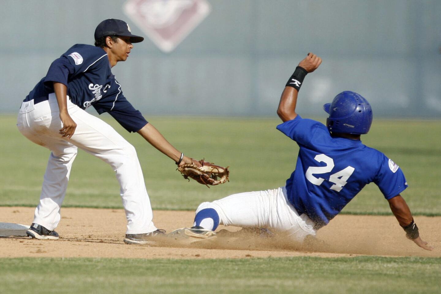 Arroyo Seco's Brandon Van Horn gets the other team out at second base during a game against Puerto Rico, which took place at Major League Baseball Urban Youth Academy in Compton on Thursday, August 3, 2012.