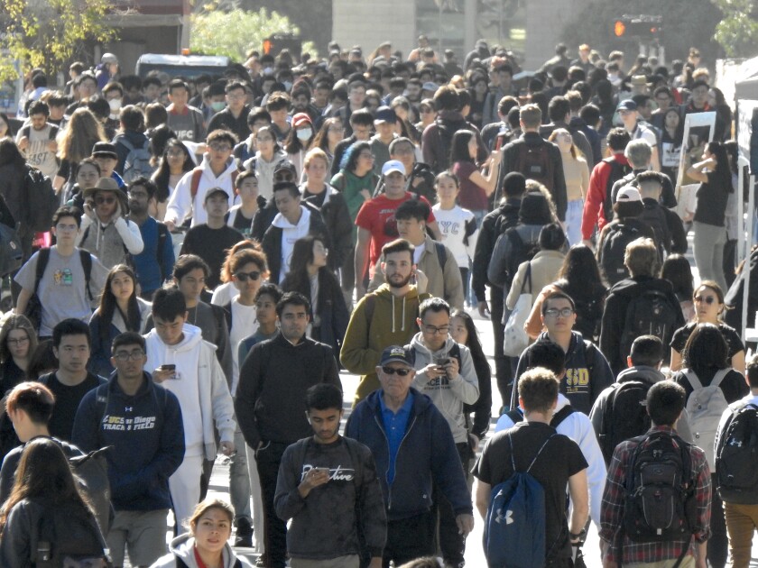 Students walk on the UC San Diego campus. 
