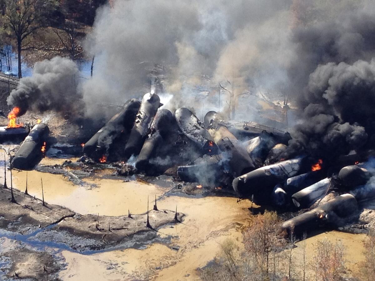 A tanker train that derailed and caught fire in western Alabama outside Aliceville was carrying 2.7 million gallons of crude oil on Nov. 8, 2013.
