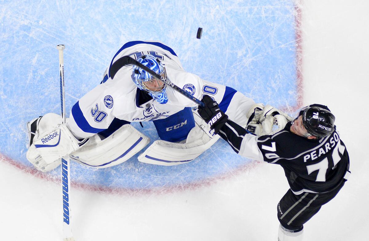Kings left wing Tanner Pearson tries to score on Lightning goalie Ben Bishop during the third period.