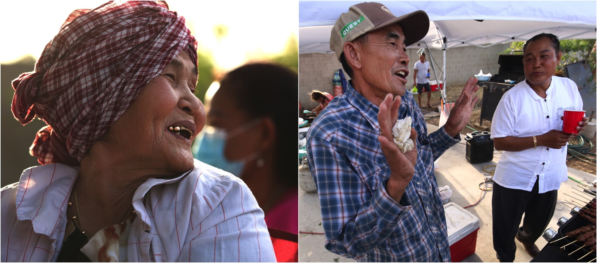 Solda, Aorn Liv Kamboçya Gece Pazarı'nda müziğin keyfini çıkarıyor.  Doğru, Khun Van'ın anlatacak hikayeleri var.