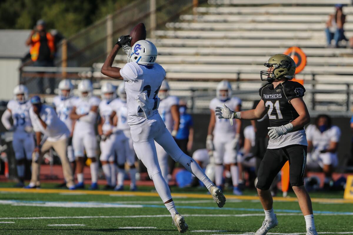 Culver City free safety Prince Okorie intercepts a pass in a 49-0 win over Peninsula.