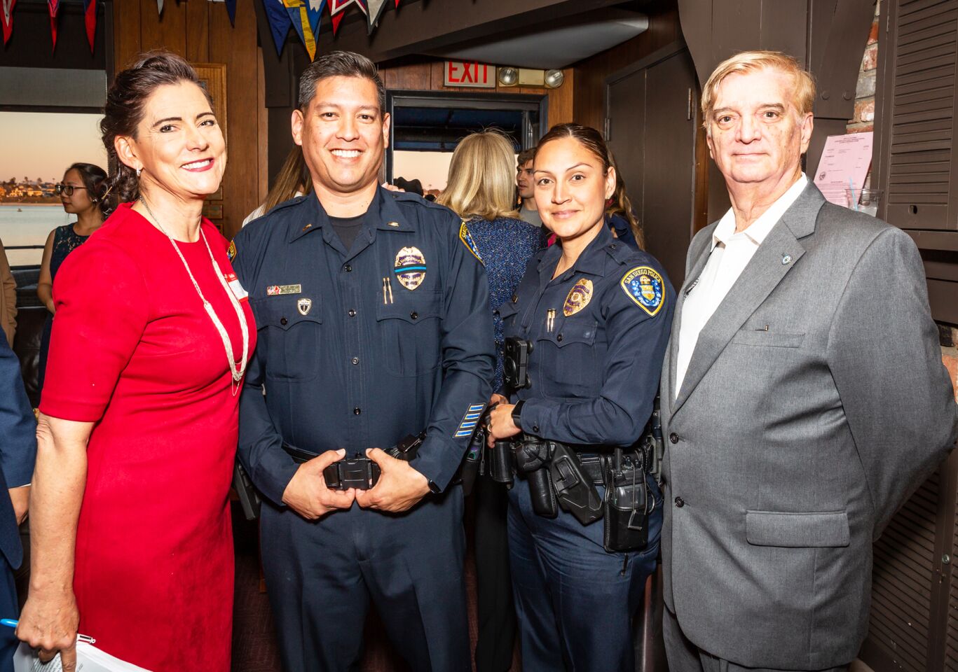 PB Town Council President Marcella Bothwell with San Diego Police Lt. Rick Aguilar and Officer Jessica Thrift and PBTC Recording Secretary Greg Daunoras.