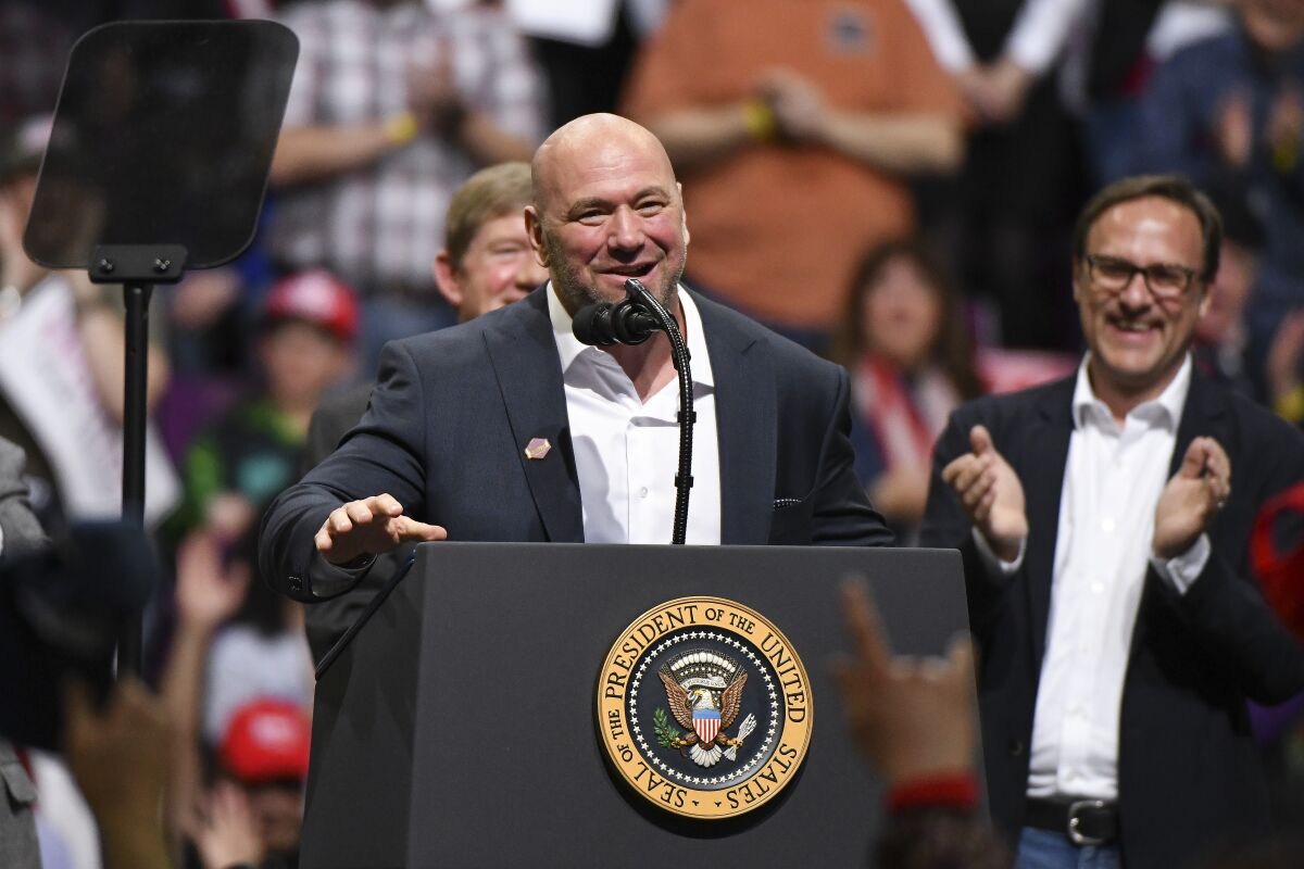 UFC President Dana White speaks on stage during a Keep America Great rally with President Donald Trump on Feb. 20 in Colorado Springs, Colo.