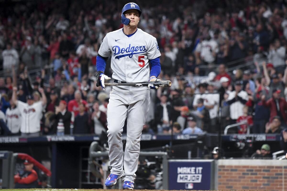 Dodgers shortstop Corey Seager reacts after striking out during the eighth inning.