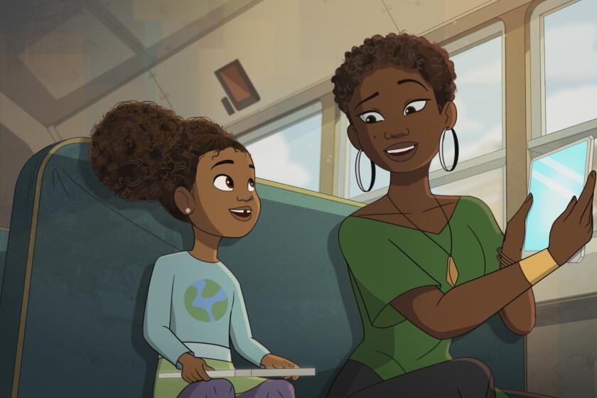 Zuri and Angela sitting in a bus holding tablets
