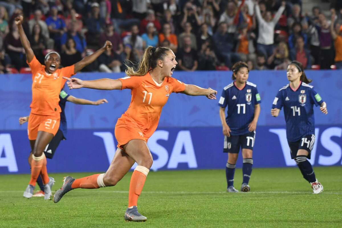 Netherlands' forward Lieke Martens celebrates after scoring a goal against Japan on Tuesday in Rennes, France.