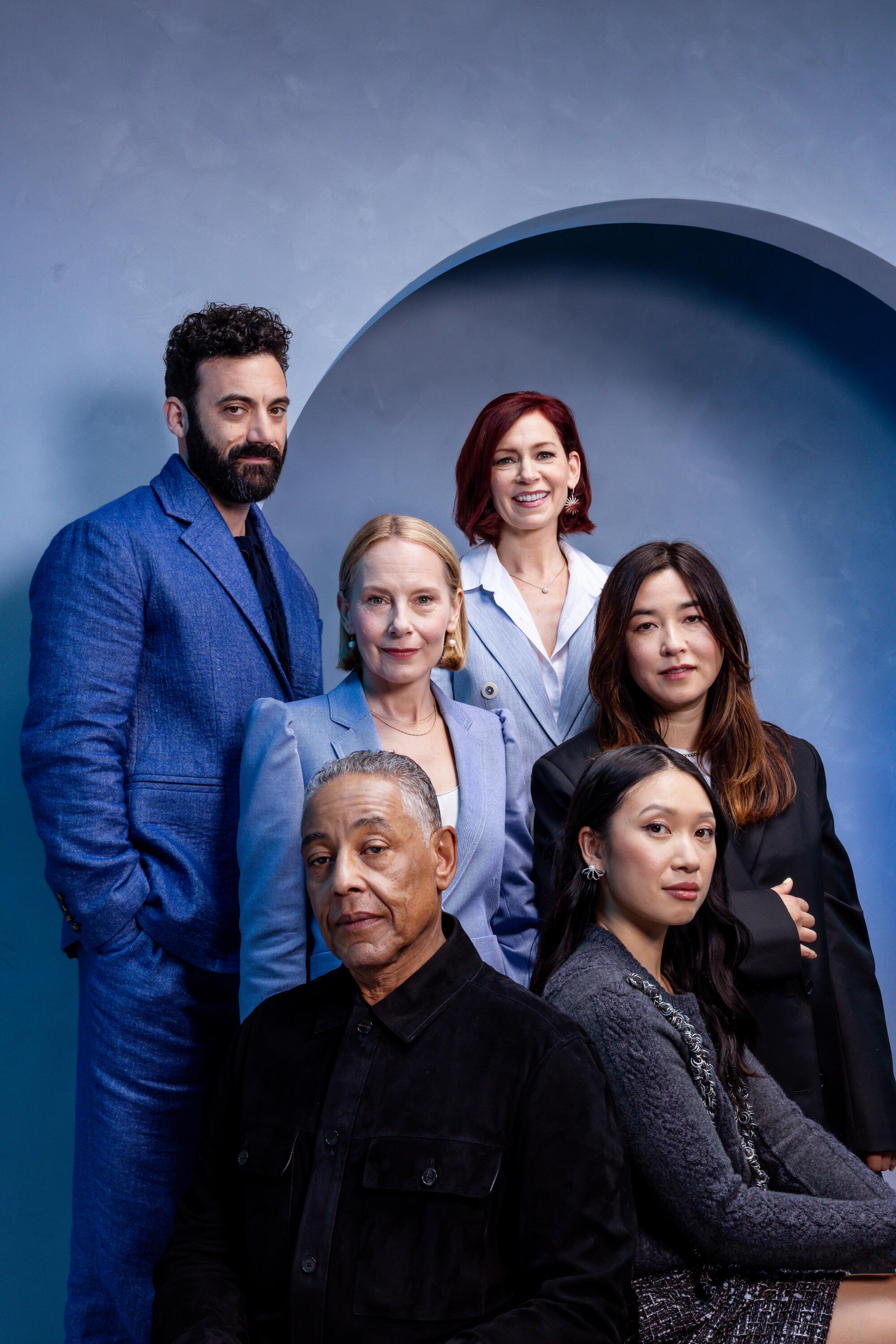 Maya Erskine, Giancarlo Esposito, Jess Hong, Carrie Preston, Amy Ryan and Morgan Spector group together for a portrait.