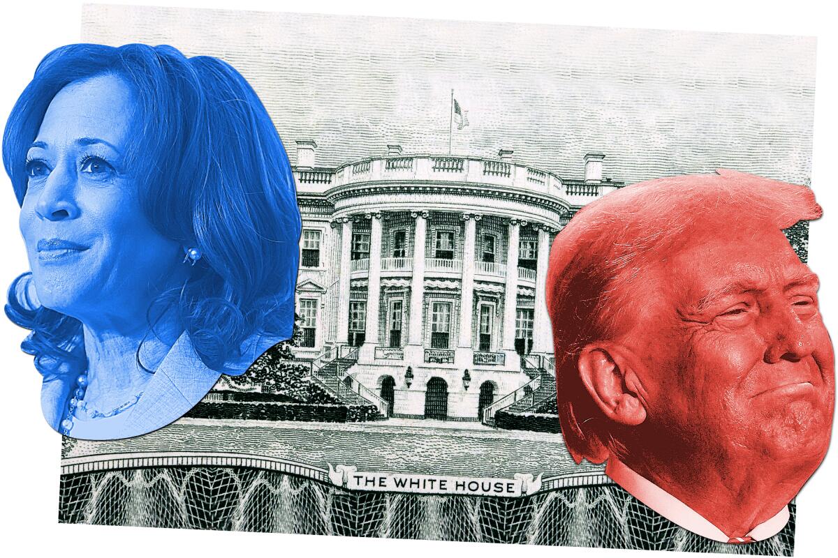photo illustration of Kamala Harris and Donald Trump with a close up depiction of the white house on money.