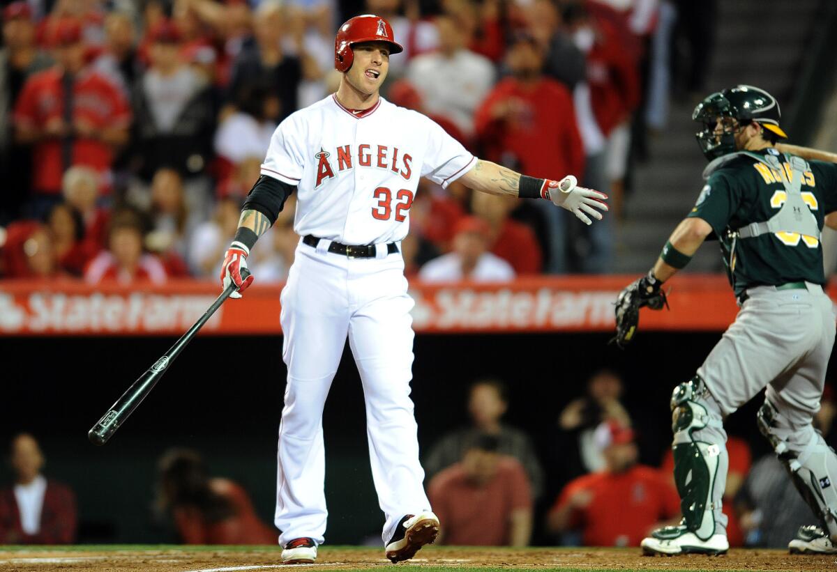Angels Josh Hamilton strikes out with the bases loaded in the first inning against the A's.
