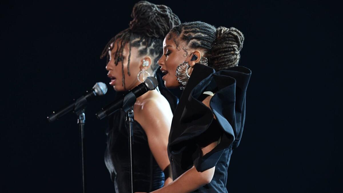 Chloe and Halle Bailey of R&B duo Chloe x Halle perform onstage at the 61st Grammy Awards.
