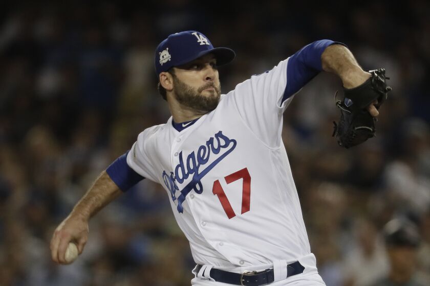 LOS ANGELES, CA, FRIDAY, OCTOBER 6, 2017 - Dodgers relief pitcher Brandon Morrow.