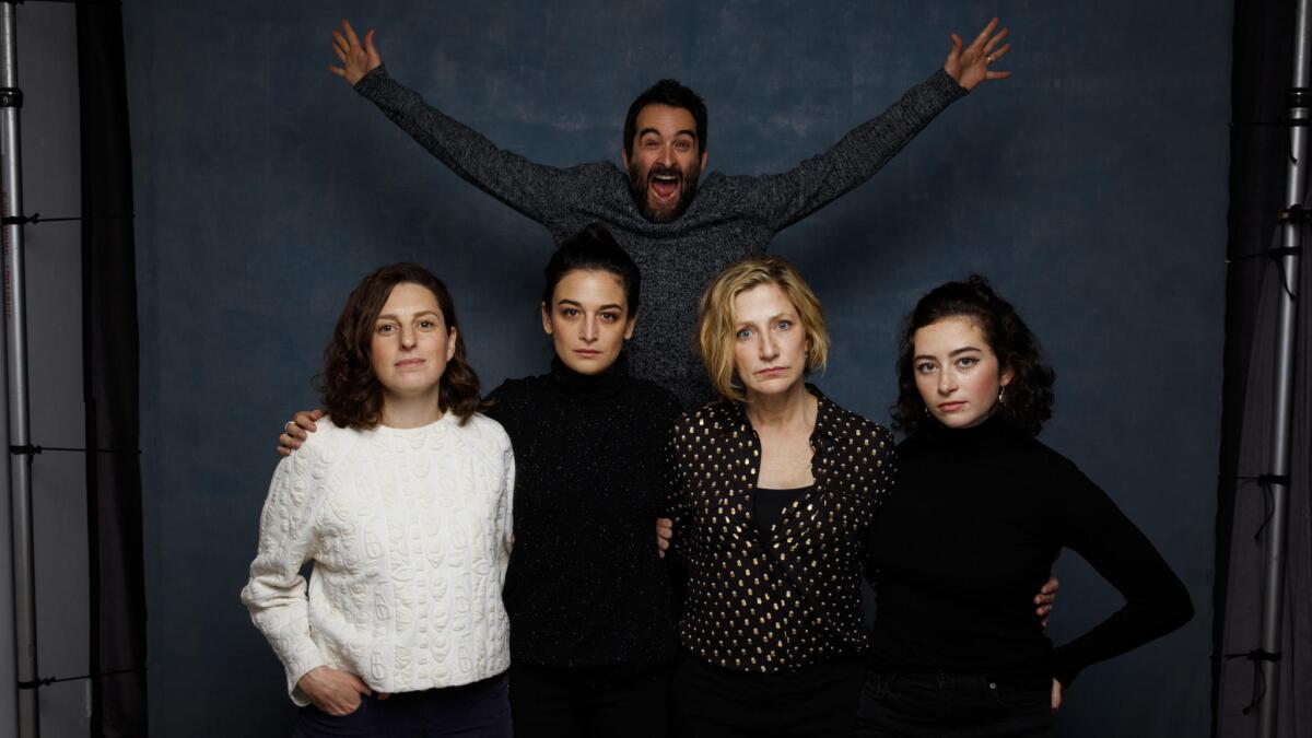 Actor Jay Duplass behind writer/director Gillian Robespierre, actress Jenny Slate, actress Edie Falco and actress Abby Quinn, from the film "Landline."