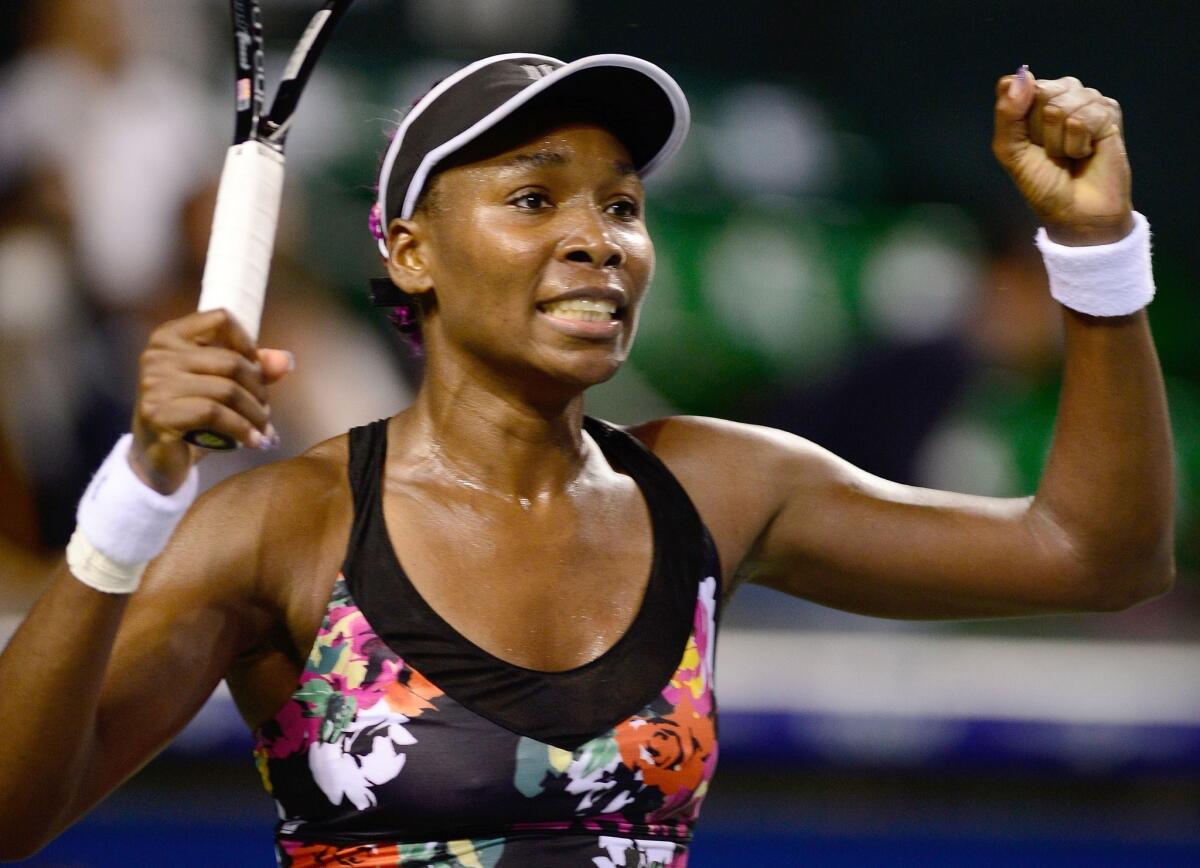 Venus Williams celebrates after her victory over Eugenie Bouchard at the Pan Pacific Open on Thursday.