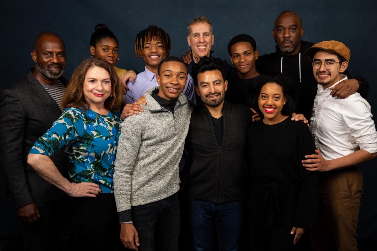 Producer Julius Tennon, subjects Constanza Romeo, Nia Sarfo, Aaron Guy and Cody Merridith, directors/producers James D. Stern and Fernando Villena, and subjects Freedom Martin and Callie Holley, and Mike Jackson of "Giving Voice" stop by the L.A. Times studio at the 2020 Sundance Film Festival.