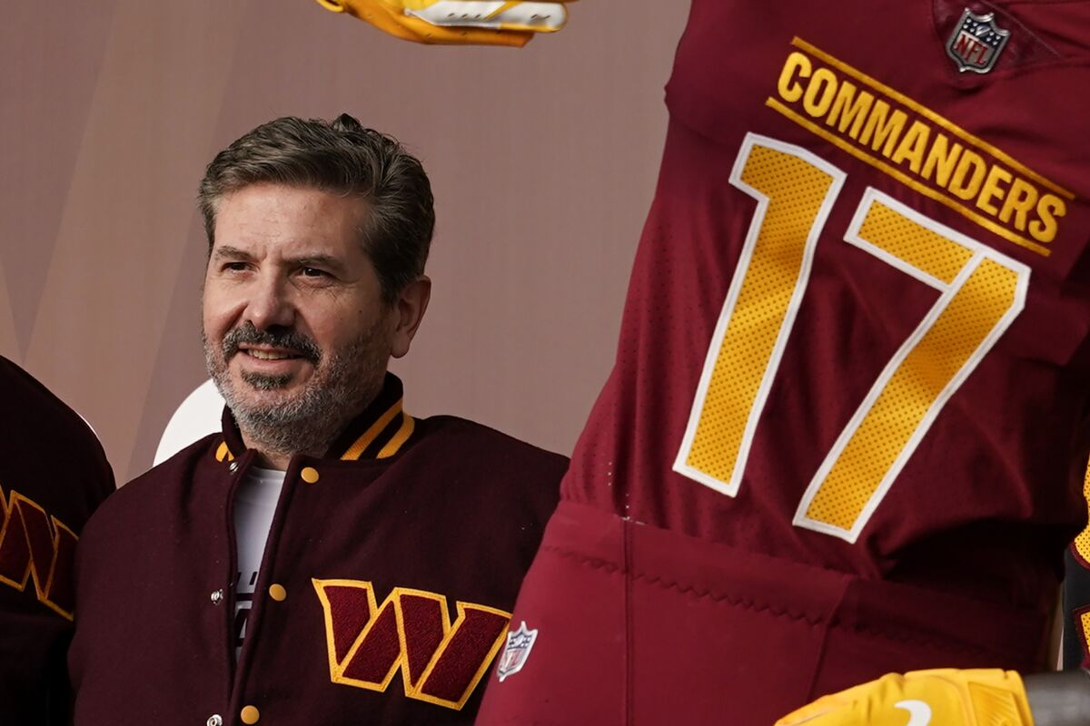 FILE - Dan Snyder, co-owner and co-CEO of the Washington Commanders, poses for photos during an event to unveil the NFL football team's new identity, Wednesday, Feb. 2, 2022, in Landover, Md. A person with knowledge of the situation tells The Associated Press the Washington Commanders have bought land in Virginia for what could be a potential site of the NFL team’s next stadium. The 200 acres of land purchased for approximately $100 million is in Woodbridge roughly 25 miles outside the District of Columbia. The Commanders’ lease at FedEx Field in Landover, Maryland, expires in 2027. (AP Photo/Patrick Semansky, File)