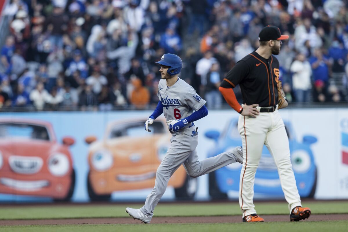 Los Angeles Dodgers' Trea Turner (6) runs the bases after hitting a solo home run against the San Francisco Giants.