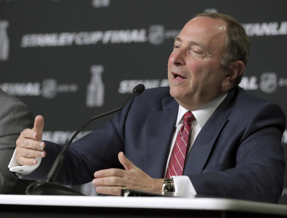 NHL commissioner Gary Bettman speaks to the media before Game 1 of the Stanley Cup Final between the St. Louis Blues and Boston Bruins.